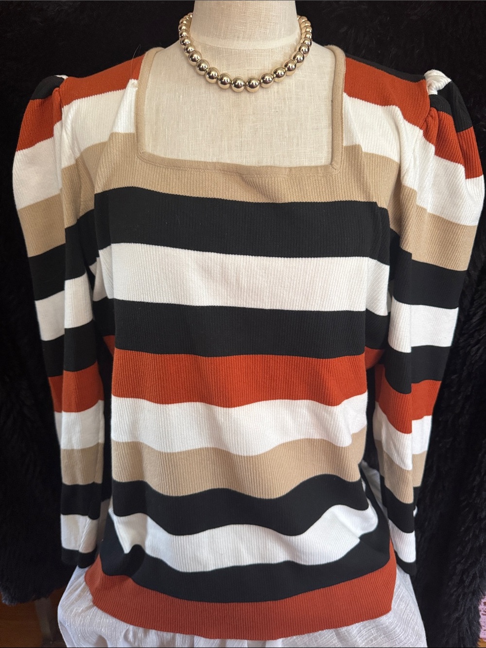 Ashley Stewart Square-Neck Long Sleeve Stripe in Rust, Black, Cream. Puff sleeve